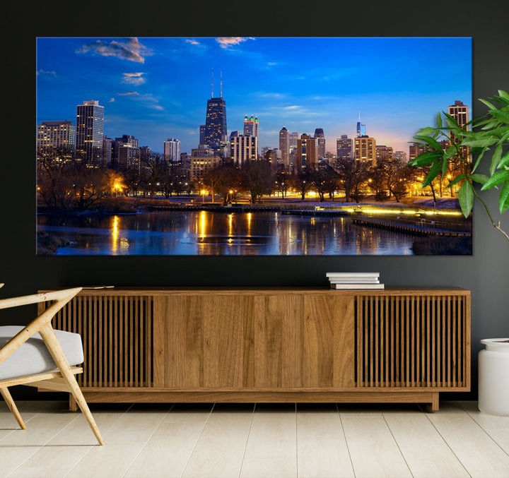 Large Chicago Skyline Wall Art Night Cityscape Canvas Print Home Decor