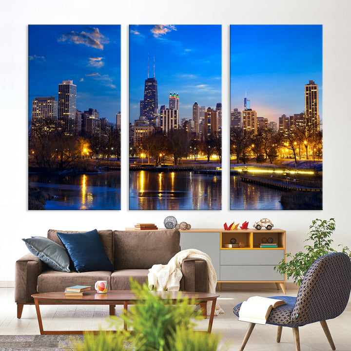 Large Chicago Skyline Wall Art Night Cityscape Canvas Print Home Decor