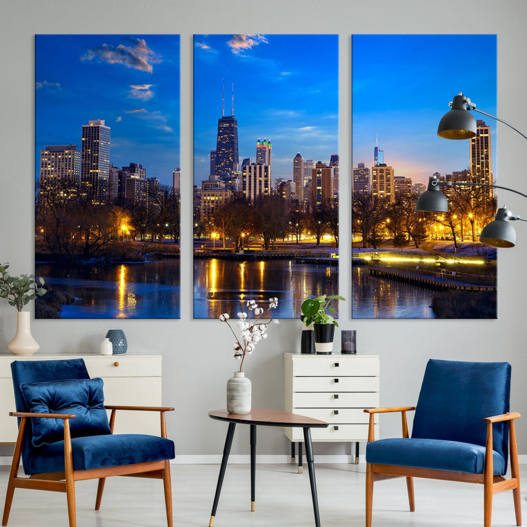 Large Chicago Skyline Wall Art Night Cityscape Canvas Print Home Decor