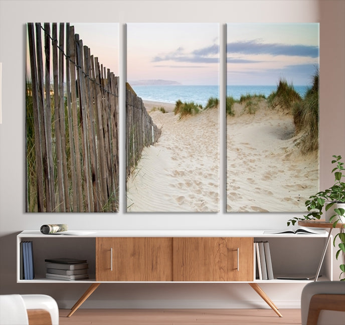 Large Coastal Beach Fence Wall Art Ocean Landscape Canvas Print