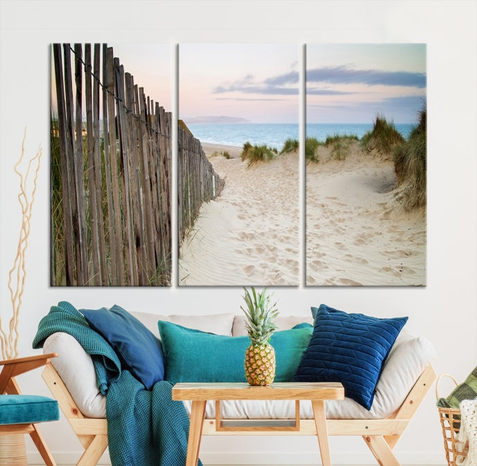 Large Coastal Beach Fence Wall Art Ocean Landscape Canvas Print