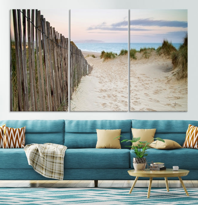 Large Coastal Beach Fence Wall Art Ocean Landscape Canvas Print