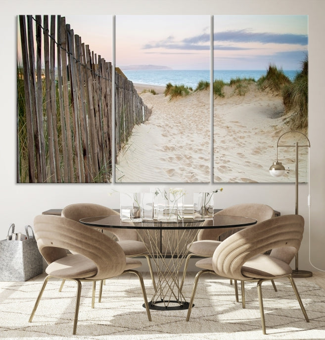 Large Coastal Beach Fence Wall Art Ocean Landscape Canvas Print