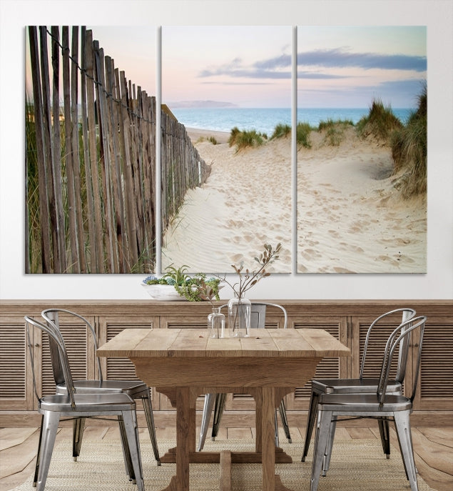 Large Coastal Beach Fence Wall Art Ocean Landscape Canvas Print