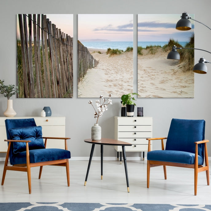 Large Coastal Beach Fence Wall Art Ocean Landscape Canvas Print