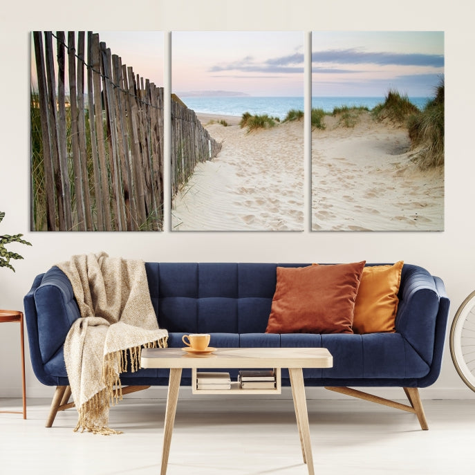 Large Coastal Beach Fence Wall Art Ocean Landscape Canvas Print