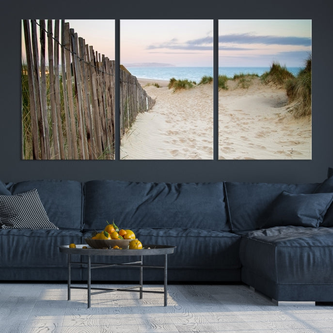 Large Coastal Beach Fence Wall Art Ocean Landscape Canvas Print