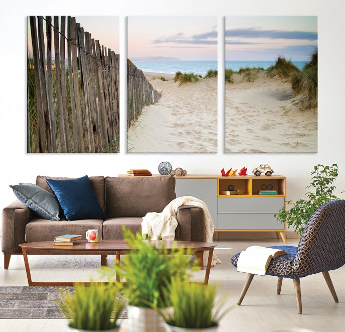 Large Coastal Beach Fence Wall Art Ocean Landscape Canvas Print