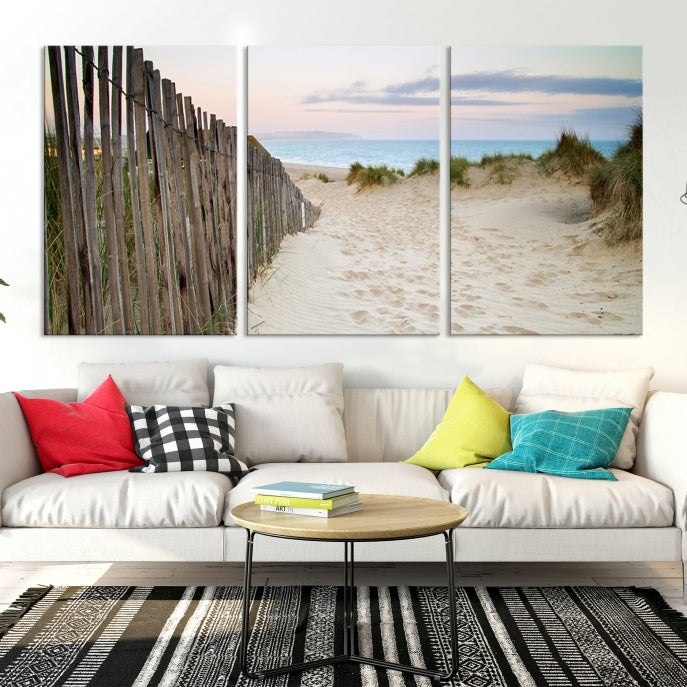 Large Coastal Beach Fence Wall Art Ocean Landscape Canvas Print