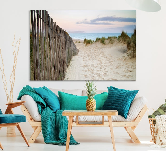 Large Coastal Beach Fence Wall Art Ocean Landscape Canvas Print