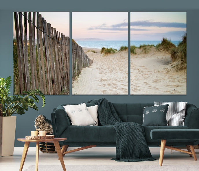 Large Coastal Beach Fence Wall Art Ocean Landscape Canvas Print