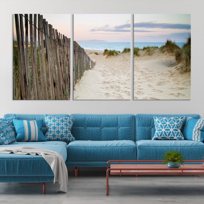 Large Coastal Beach Fence Wall Art Ocean Landscape Canvas Print