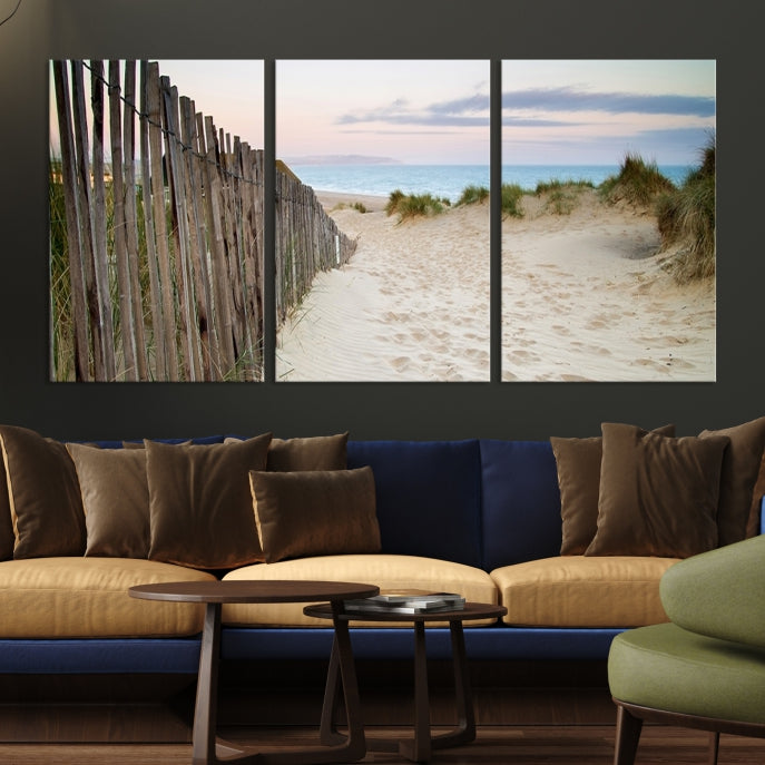 Large Coastal Beach Fence Wall Art Ocean Landscape Canvas Print