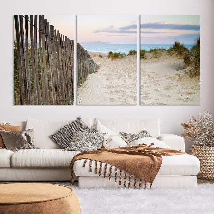 Large Coastal Beach Fence Wall Art Ocean Landscape Canvas Print