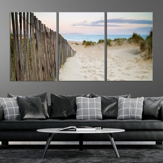 Large Coastal Beach Fence Wall Art Ocean Landscape Canvas Print