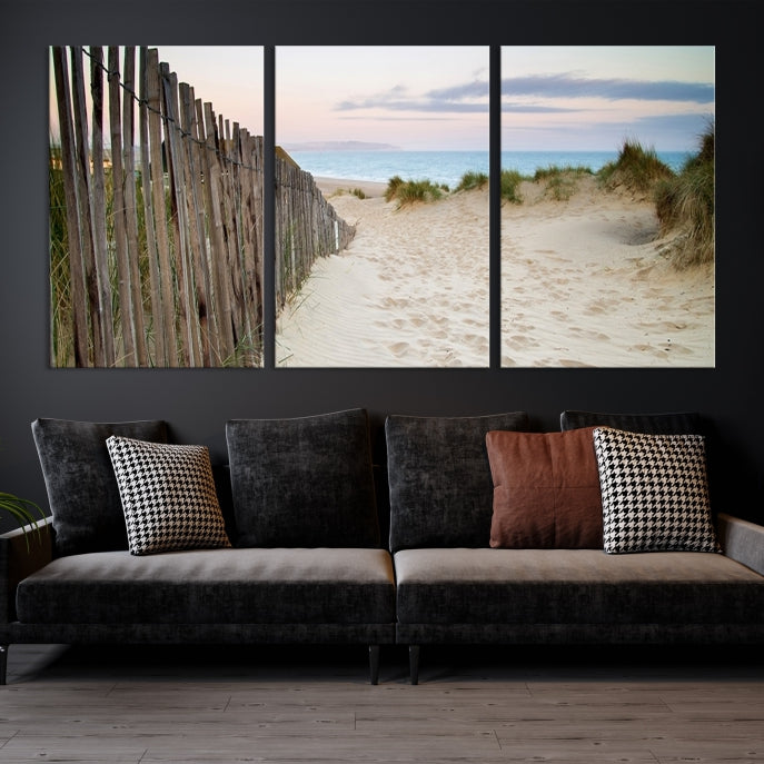 Large Coastal Beach Fence Wall Art Ocean Landscape Canvas Print