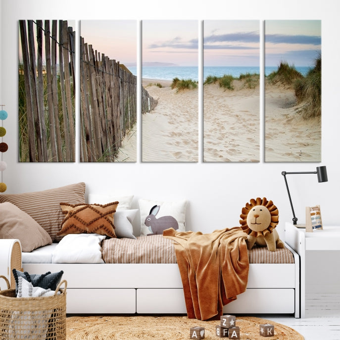 Large Coastal Beach Fence Wall Art Ocean Landscape Canvas Print