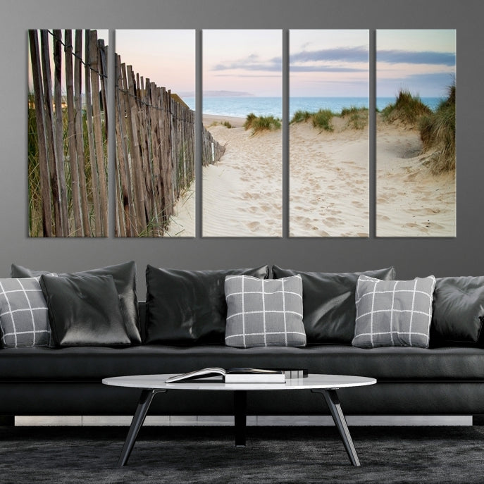 Large Coastal Beach Fence Wall Art Ocean Landscape Canvas Print