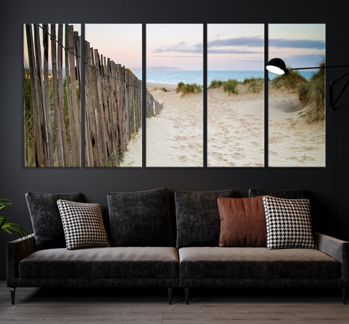 Large Coastal Beach Fence Wall Art Ocean Landscape Canvas Print