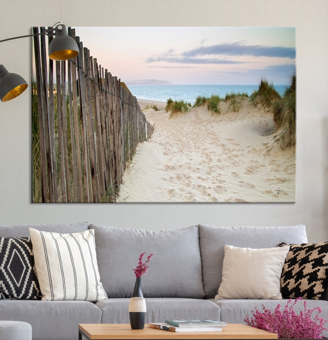 Large Coastal Beach Fence Wall Art Ocean Landscape Canvas Print