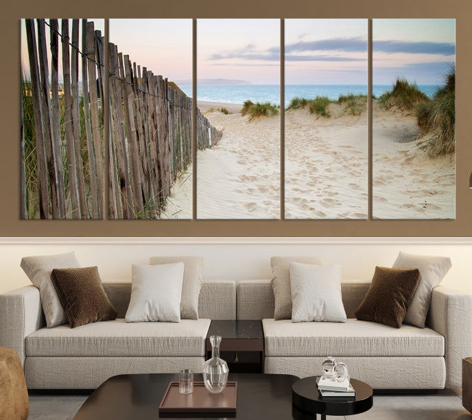 Large Coastal Beach Fence Wall Art Ocean Landscape Canvas Print