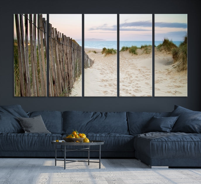 Large Coastal Beach Fence Wall Art Ocean Landscape Canvas Print