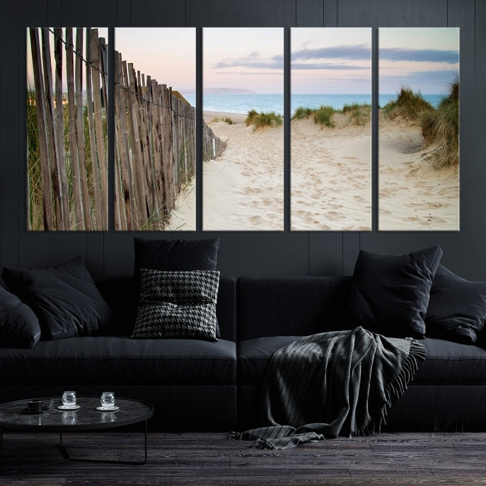 Large Coastal Beach Fence Wall Art Ocean Landscape Canvas Print