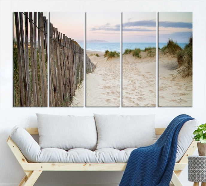 Large Coastal Beach Fence Wall Art Ocean Landscape Canvas Print