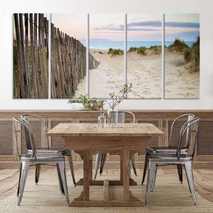 Large Coastal Beach Fence Wall Art Ocean Landscape Canvas Print