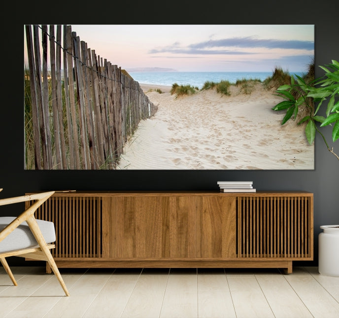 Large Coastal Beach Fence Wall Art Ocean Landscape Canvas Print