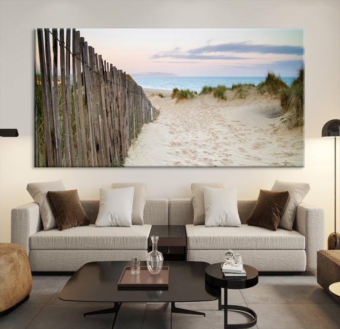 Large Coastal Beach Fence Wall Art Ocean Landscape Canvas Print