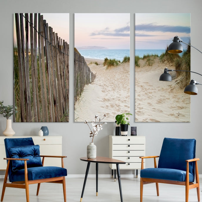 Large Coastal Beach Fence Wall Art Ocean Landscape Canvas Print