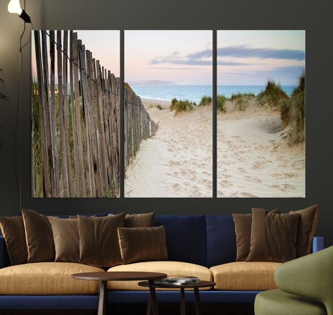 Large Coastal Beach Fence Wall Art Ocean Landscape Canvas Print