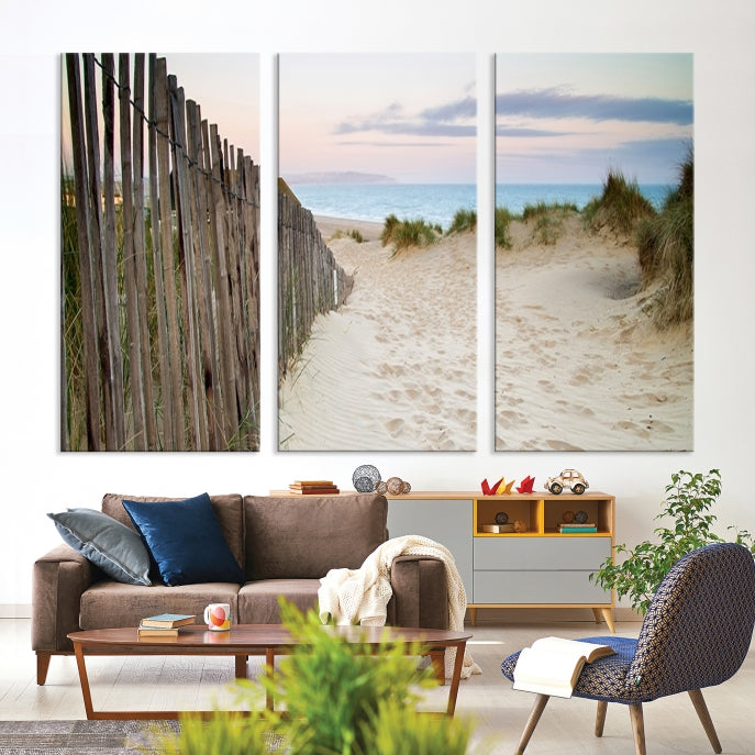 Large Coastal Beach Fence Wall Art Ocean Landscape Canvas Print