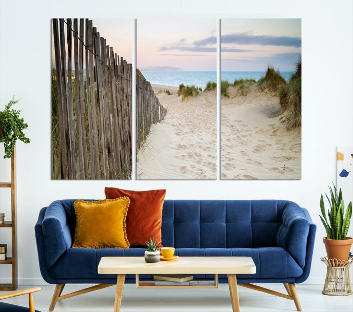 Large Coastal Beach Fence Wall Art Ocean Landscape Canvas Print