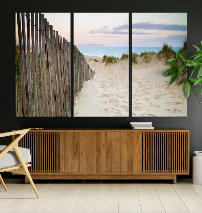 Large Coastal Beach Fence Wall Art Ocean Landscape Canvas Print