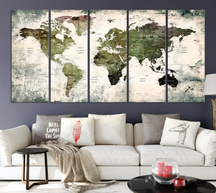 Large Dark Green World Map Canvas Wall Art Print Framed Ready to Hang