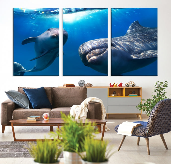 Large Dolphin Wall Art Underwater Canvas Print