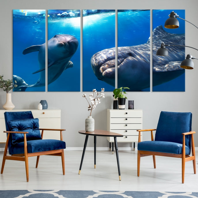 Large Dolphin Wall Art Underwater Canvas Print