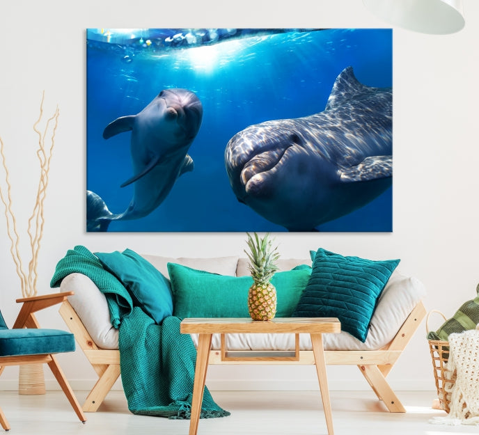 Large Dolphin Wall Art Underwater Canvas Print