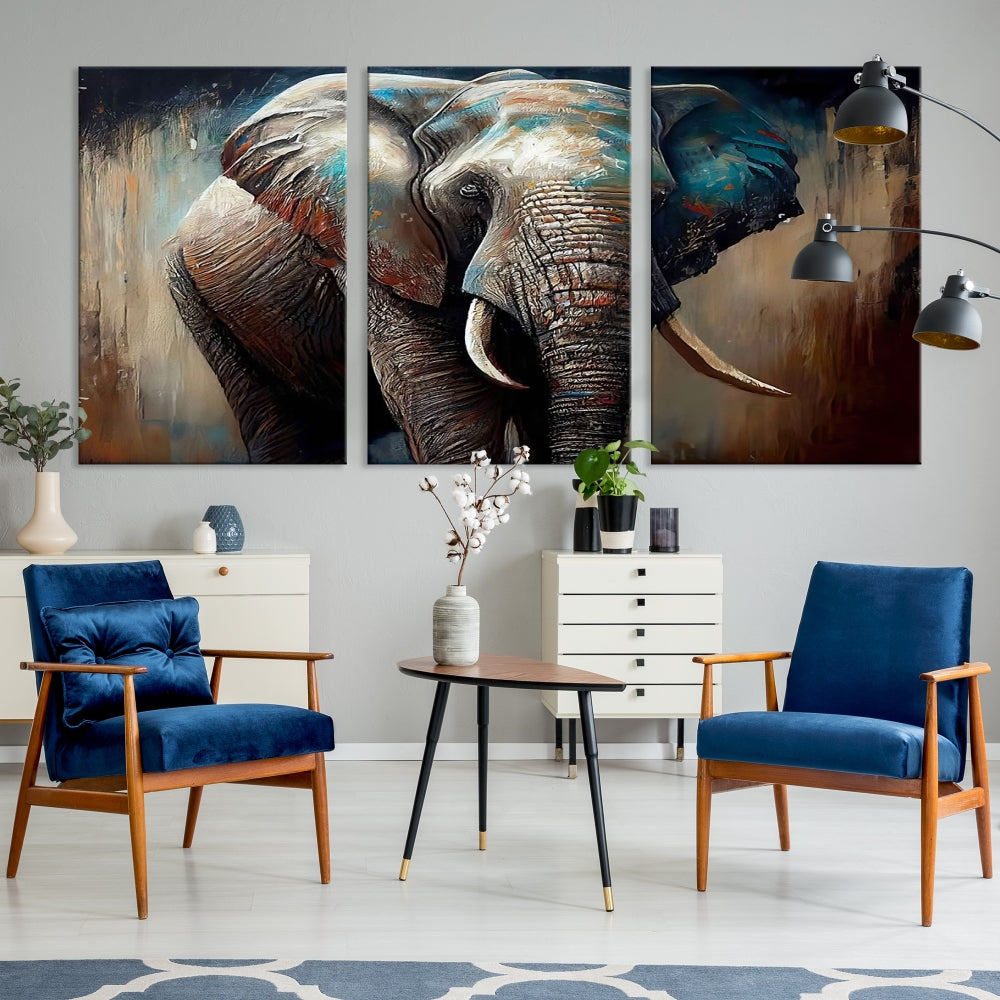 Large Elephant Print, African Animal Canvas Art, Wildlife Art, Framed Painting Set of