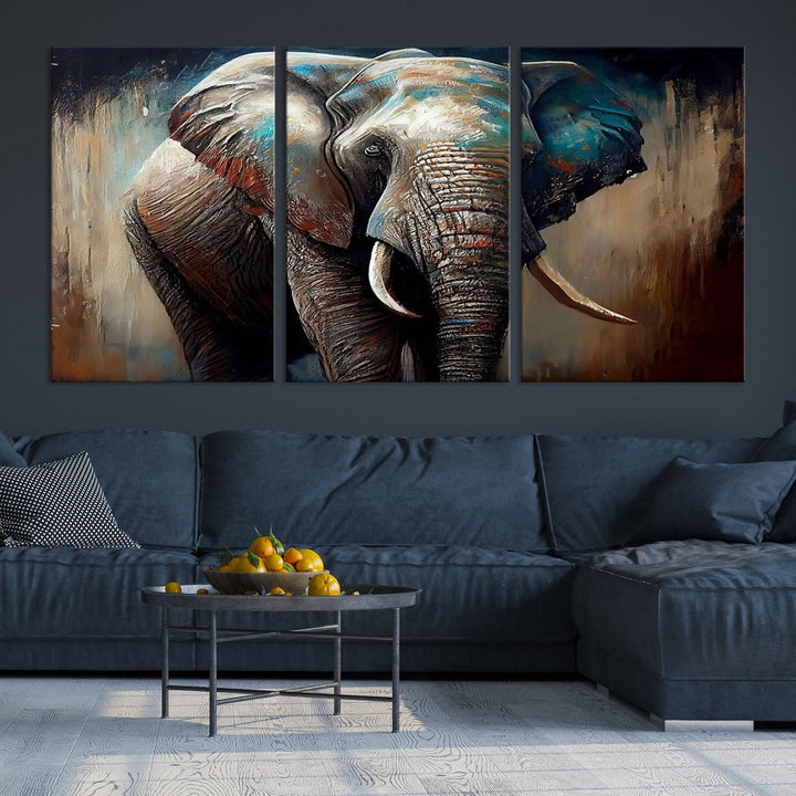 Large Elephant Print, African Animal Canvas Art, Wildlife Art, Framed Painting Set of