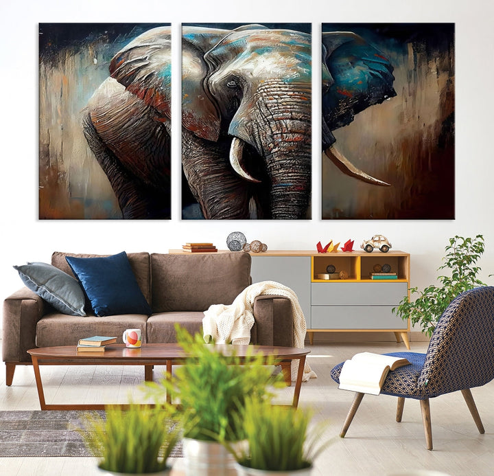 Large Elephant Print, African Animal Canvas Art, Wildlife Art, Framed Painting Set of