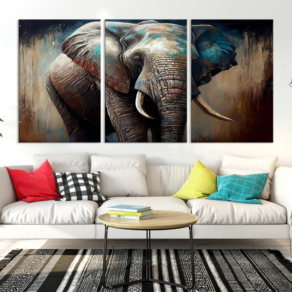 Large Elephant Print, African Animal Canvas Art, Wildlife Art, Framed Painting Set of