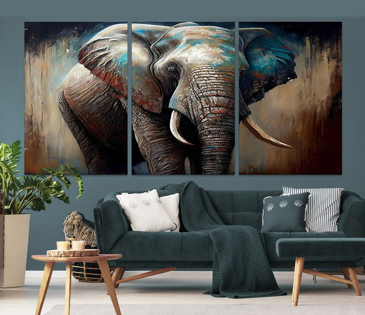 Large Elephant Print, African Animal Canvas Art, Wildlife Art, Framed Painting Set of