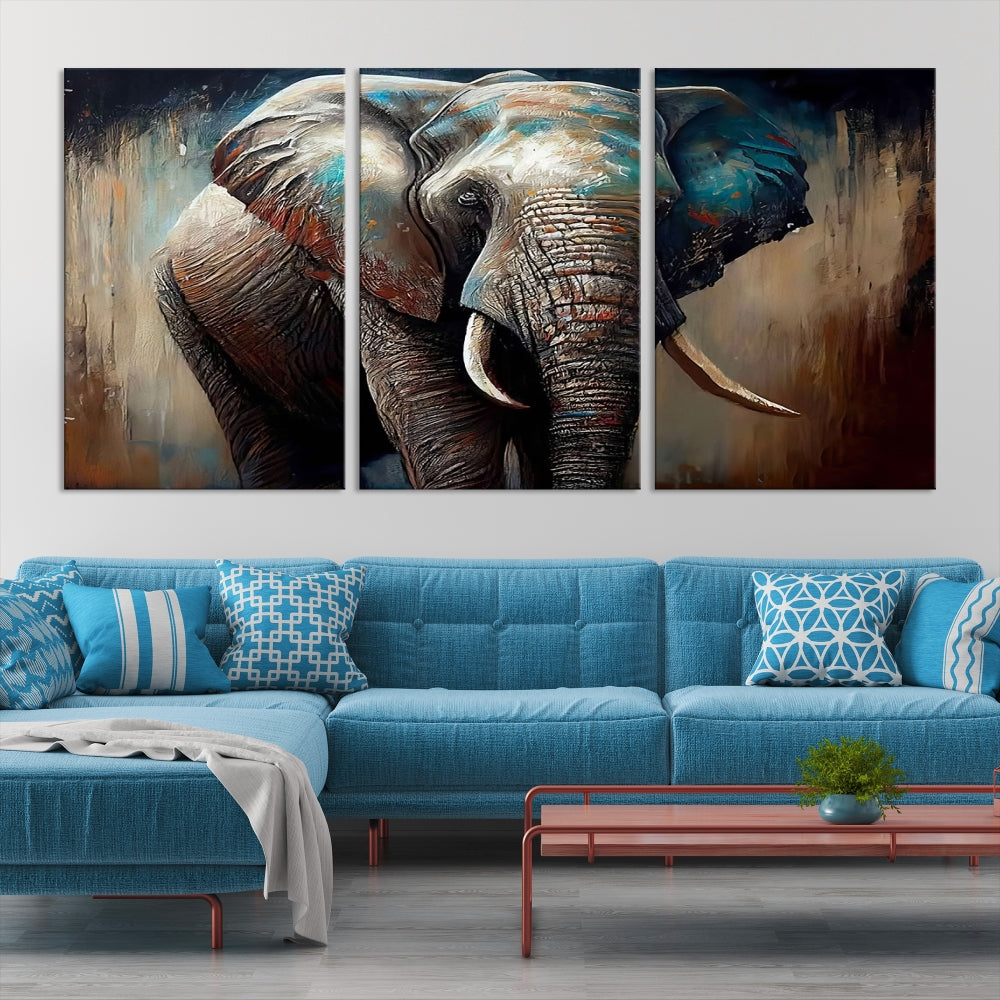 Large Elephant Print, African Animal Canvas Art, Wildlife Art, Framed Painting Set of