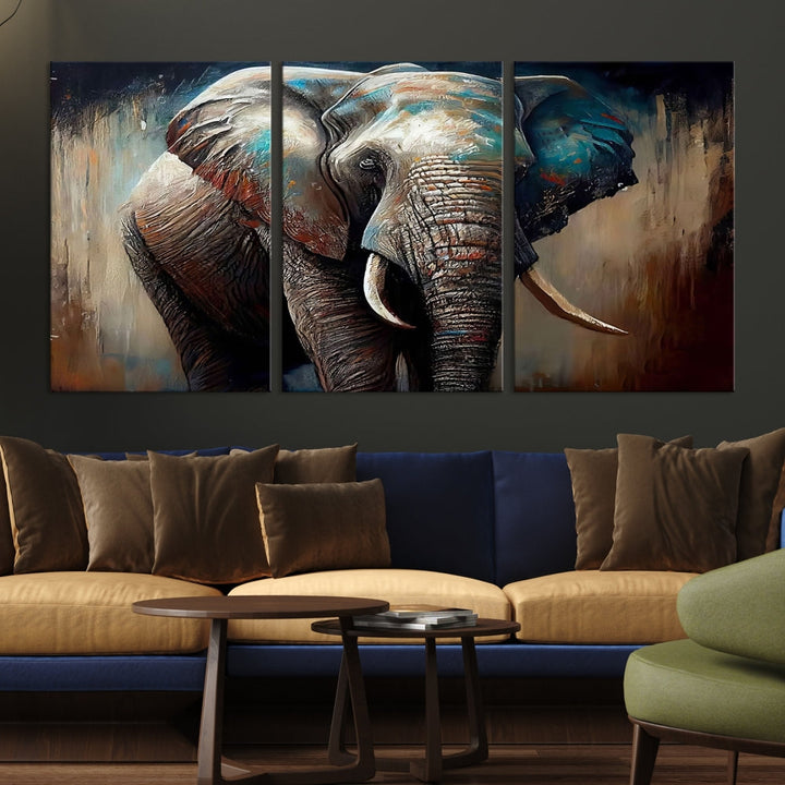 Large Elephant Print, African Animal Canvas Art, Wildlife Art, Framed Painting Set of