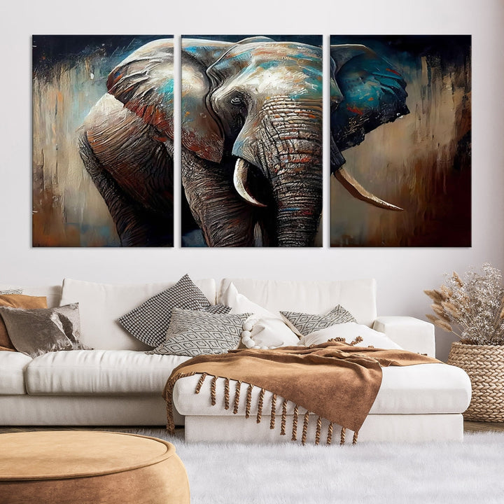 Large Elephant Print, African Animal Canvas Art, Wildlife Art, Framed Painting Set of