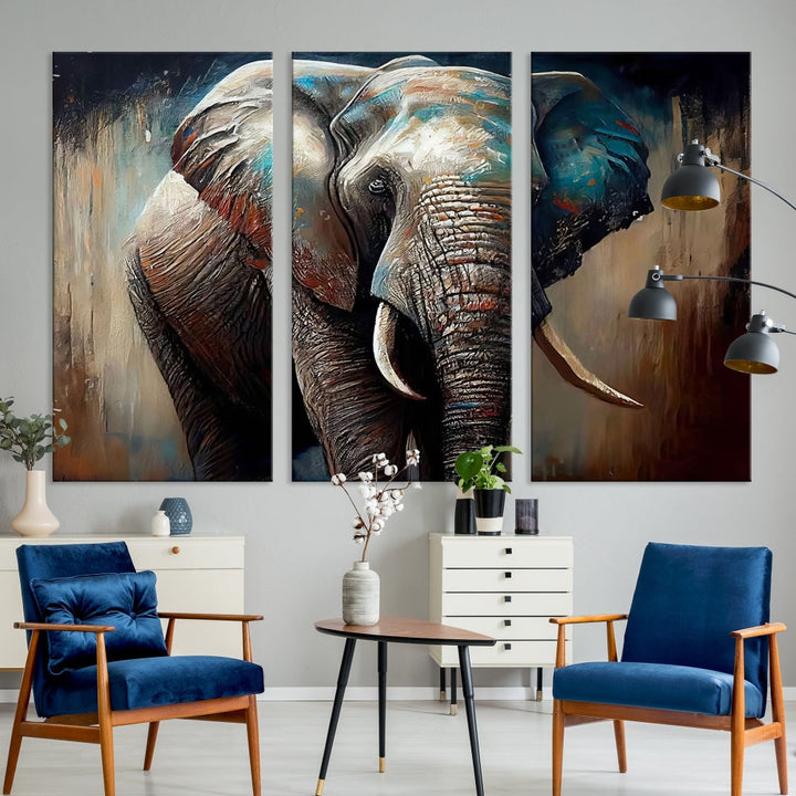 Large Elephant Print, African Animal Canvas Art, Wildlife Art, Framed Painting Set of