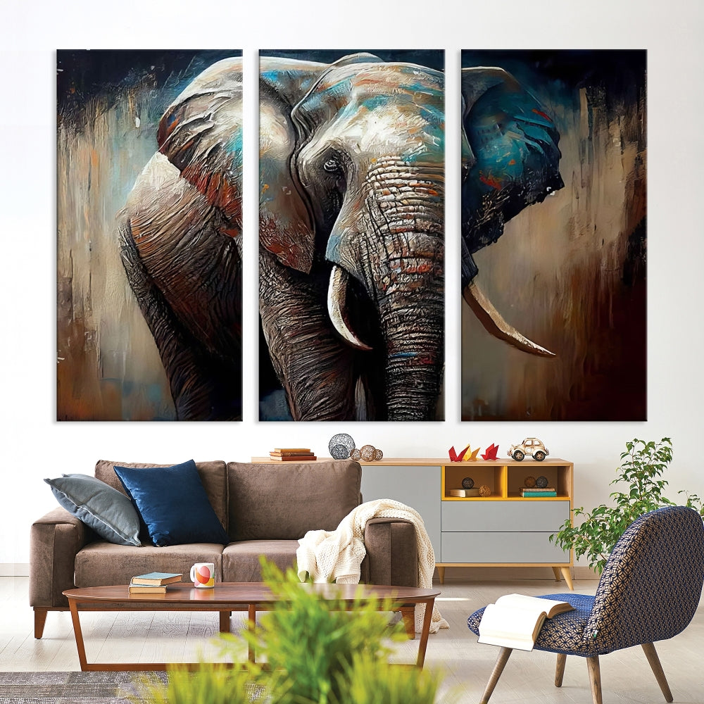 Large Elephant Print, African Animal Canvas Art, Wildlife Art, Framed Painting Set of